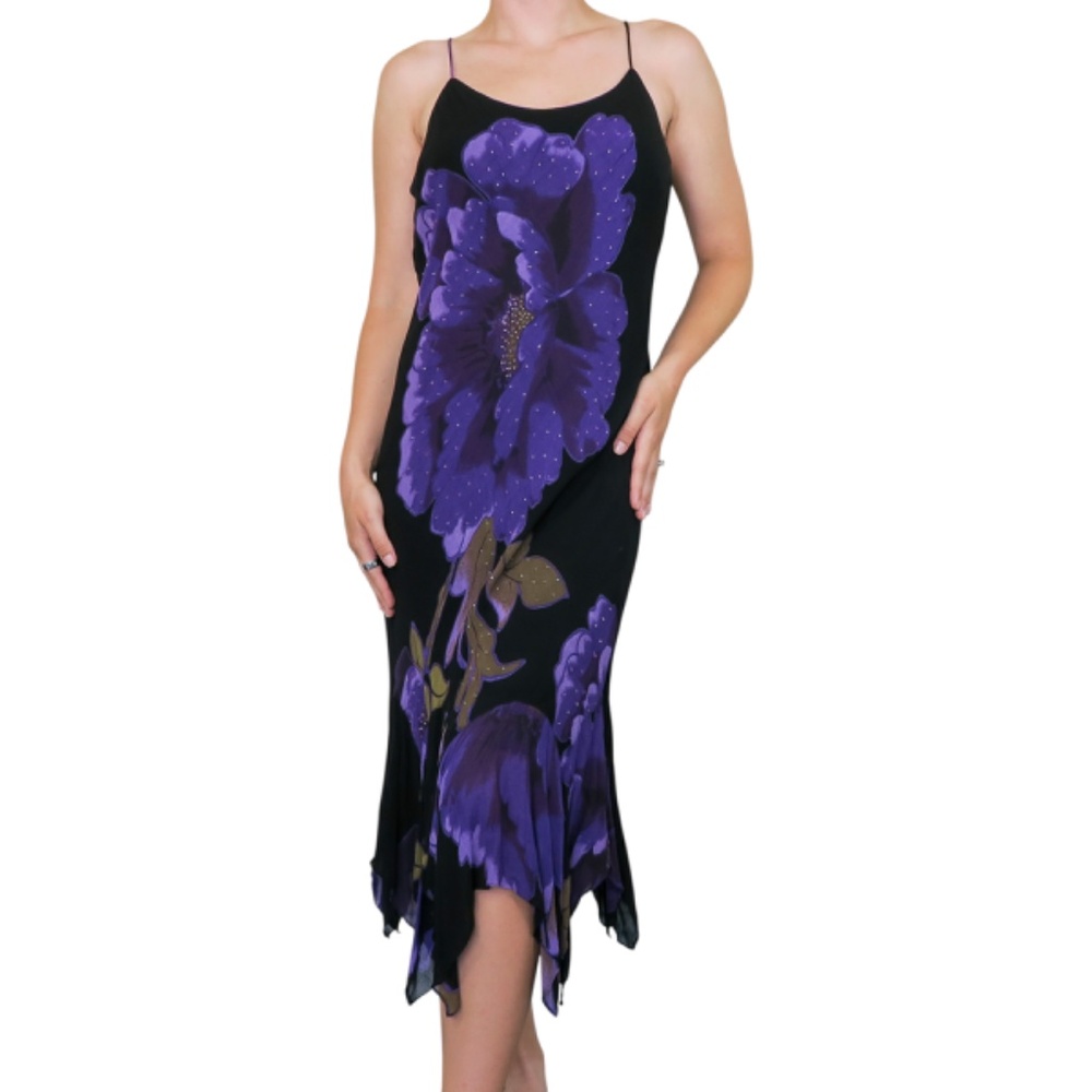 Vintage 90s Eva Blue Purple Floral Beaded Maxi Dress